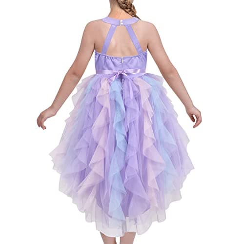 Image of Sunny Fashion Girls Halter Dress Purple Pleated Tiered Sequin Pageant Hi-lo Hollow Back Age 10 Years