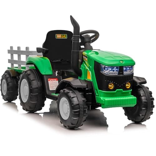 Image of Kids Ride on Tractor with Detachable Trailer, 12V Battery Powered Electric Tractor with Remote Control, Dual Motors, Horn, Music/USB, 7 LED Lights, Ride on Toy Car for Ages 3+ (Green)