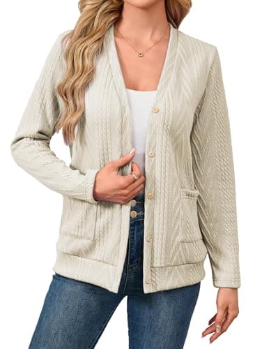 Image of Famulily Women's Button Down V Neck Long Sleeve Lightweight Cardigans Open Front Cardigan Tops with Pockets (XXL, Beige)