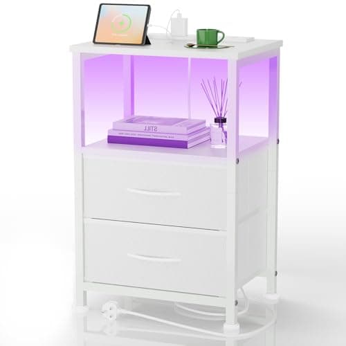 Image of Yornoli Bedside Table with Charging Station 40cm Wide Bed Side Table for Bedroom with 2 Fabric Drawers Small End Tables with Led Lights for Living Room Small Spaces White