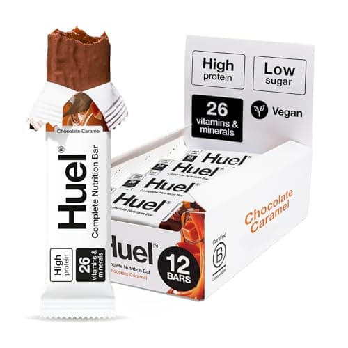 Image of Huel Complete Nutrition Bar, 12 x 51g Bars, Chocolate Caramel, High Protein Bar, Plant-Based Protein Bars, Low Sugar, High Fibre, High-Protein Snack with Vegan Chocolate, Under 200 Calories