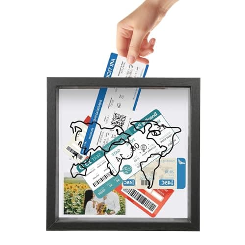 Image of Eidoct Travel Adventure Archive Shadow Box Large Travel Memory Box Wooden Creative Display Cases with Slot on Top Keepsakes Storage Box with World Map for Travel Tickets Stubs 30x30x4.5cm (Black)