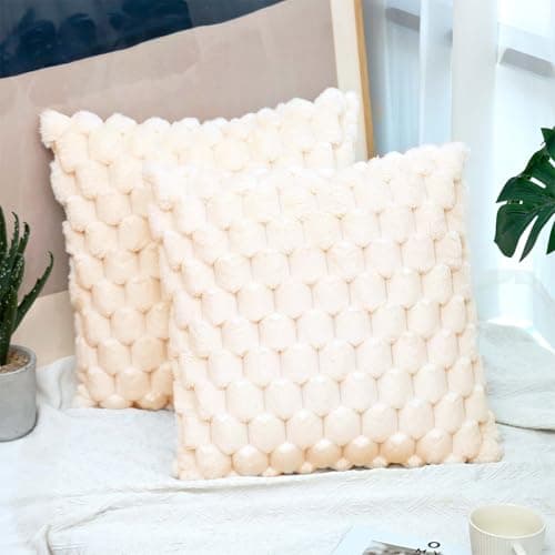 Image of Gemdoit Pack of 2 Cream Plush Cushion Covers 45 x 45 cm, Pineapple Texture Plush Cushion Cover, Home Decoration Pillowcases Suitable for Living Room Sofa Bedroom