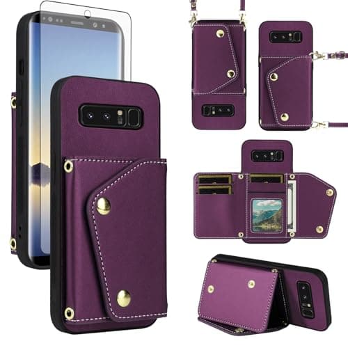 Image of ELISORLI Wallet Case for Samsung Galaxy Note 8 with Tempered Glass Screen Protector Slim Flip Purse Shoulder Strap, Luxury PU Leather Card Holder Stand Phone Cover for Note8 Not S8 Gaxaly Deep Purple