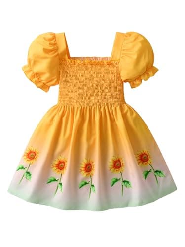 Image of Occablit Toddler Baby Girl Clothes Sunflower Print Short Sleeve Bubble Sleeve Dress Clothes for Toddler Girls 3-4 Years Yellow