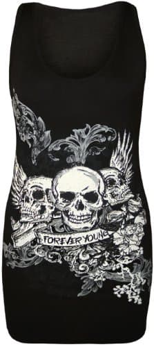 Image of WearAll Womens Skull Forever Young Print Racer Back Sleeveless Ladies Vest Top - Black - 12-14