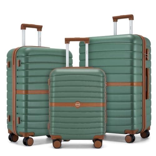 Image of Kono Suitcase Sets of 3 Piece Lightweight ABS + PC Hard Shell Trolley Case 20" 24" 28" Travel Luggage with 3 Digit Combination Lock Spinner Wheels (Green/Brown)