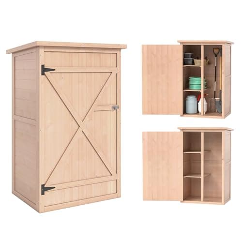 Image of Outsunny Wooden Garden Shed, Outdoor Storage Small Shed with 2 Shelves, Sloped Roof and Bolt Latch, Compact Utility Tool Cabinet Organiser for Yard Patio Garage, 75 x 56 x 115 cm, Natural