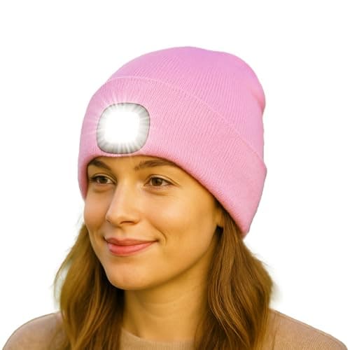 Image of TYGA LED Beanie Hat with Light - Rechargeable Torch Beanie Hat, Gifts for Women & Men, Waterproof & Warm Winter Hat with Built-in LED Torch for Running, Walking, Camping & Outdoor Use Baby Pink