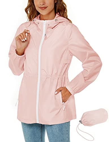 Image of Rapbin Raincoat Women Waterproof Rain Jacket Lightweight Outdoor Windbreaker Quick Dry Packable Hooded Rain Coats Jacket Pink M