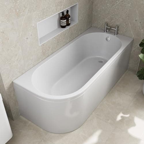 Image of Baystone® 1700 x 725mm Single Ended J Shaped Shower Bath Tub with Side Panel White Gloss Acrylic Luxury for Bathroom Corner Modern - Right Hand