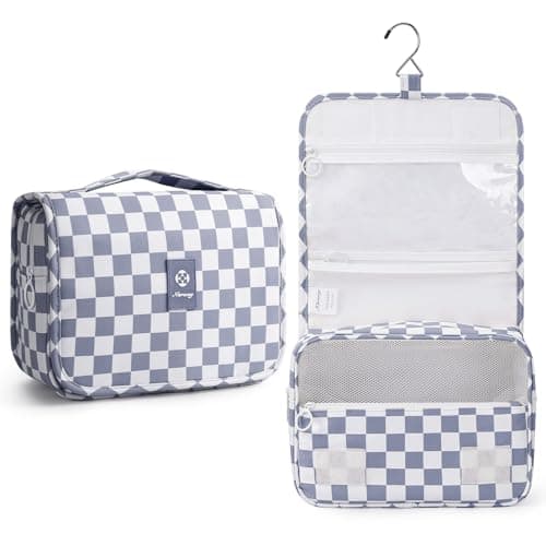 Image of Narwey Travel Hanging Toiletry Wash Bag Toiletry Bags for Women Toiletries Bag Washbag Makeup Cosmetic Organizer for Men Girls (Grayish Blue Checkerboard)
