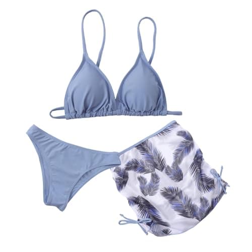 Image of Fjquamitix 3 Piece Swimming Costume Girls Floral Prints Bikini Set with Cover-up Skirt Adjustable Staps Bikini Top Girls Swimsuit for 8-13 Years Old (UK, Age, 10 Years, 11 Years, Regular, Haze Blue)