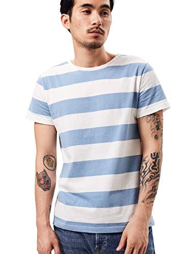 Image of Wide Striped T Shirt for Men Breton Tee Stripes Sailor Top Cotton Basic Short Sleeve for Summer Beach Blue and White Striped L
