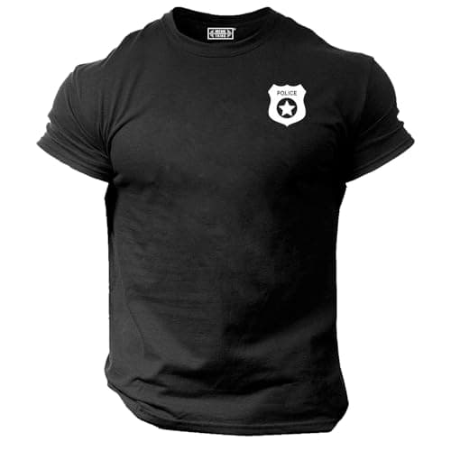 Image of Police Badge T Shirt Pocket Gym Clothing Bodybuilding Training Workout Exercise Boxing MMA Tee Top (UK, Alpha, L, Regular, Regular, Black)