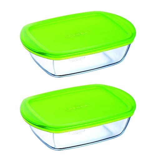 Image of Pyrex Microwave Safe Classic Rectangular Glass Dish Vented Lid 1.1 Litre Green (Pack of 2)