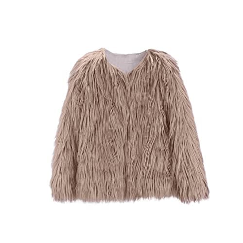 Image of Girls Faux Fur Jacket Kids Fluffy Coat Long Sleeve Thick Warm Jacket Plain Soft Cardigan Windproof Coat Solid Color Casual Outwear (Khaki, 6-7 Years)
