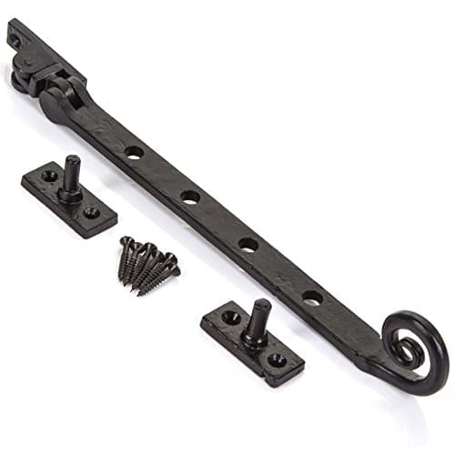Image of White Hinge Limited 10" Antique Black Cast Iron Window Casement Stay with Curly Monkey Tail Design
