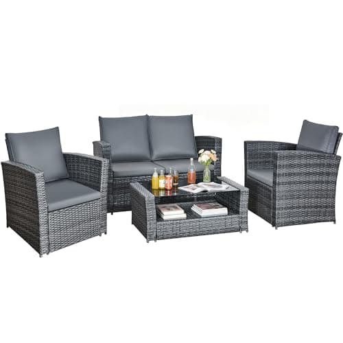 Image of rattanstar 4 Piece Rattan Garden Furniture Sets, Outdoor Patio Furniture Set with Loveseat, Armchairs, Glass-Top Coffee Table, Cushions, PE Wicker Sofa Set for Balcony Backyard Conservatory