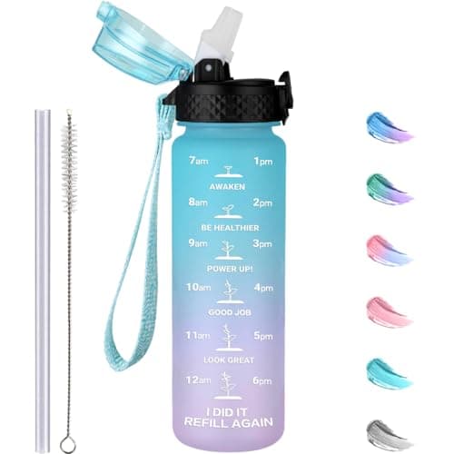 Image of GOPPUS 500ml/17oz Kids Water Bottles with Straw Tritan Childrens Bottle with Flip Top Lid BPA Free Measured Drinks Bottle with Strap Sports Reusable Time Markings Leakproof (Sky Blue Purple)