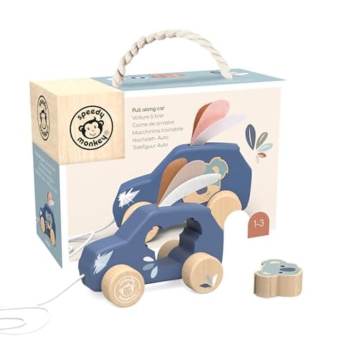 Image of Speedy Monkey Wooden Pull‑Along Car for Toddlers 12m+ | Multicolour Rolling Pull Toy for Kids, Boys & Girls | Baby Toy Early Learning Activity Play – Enhances Balance, Motor Skills & Coordination