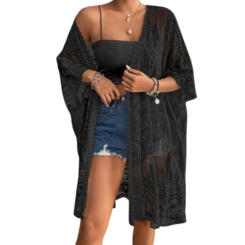 Image of Qianderer Women's Lace Kimonos Bikini Cover-Up Summer Beach Coverup Swimsuit 3/4 Sleeves Open Front Sheer Mesh Crochet Kimono Cardigan (Ba Black, One Size)