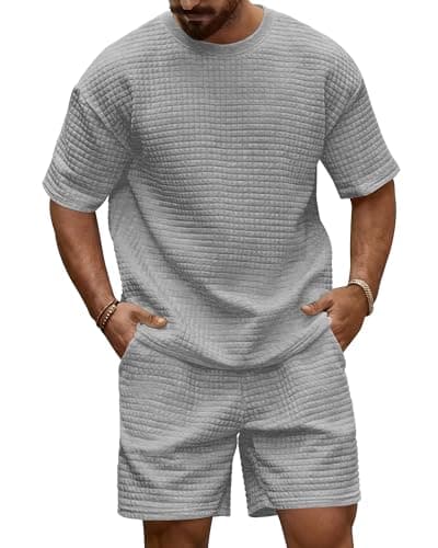 Image of KUYIGO Tracksuit Mens Full Set Short Sleeve Summer Casual Outfit Crew Neck T-Shirt with Elastic Waist Shorts Two Slant Pockets, Light Grey M