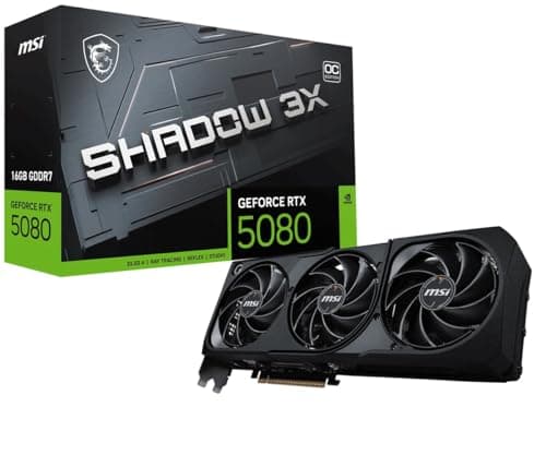 Image of MSI GeForce RTX 5080 16G SHADOW 3X OC Graphics Card - RTX 5080 GPU, 16GB GDDR7 (30Gbps/256-bit), PCIe 5.0 - Triple Fan Design (3 x TORX FAN 5.0) - HDMI 2.1b, DisplayPort 2.1b