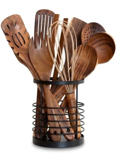 Image of Premium Teak Kitchen Utensils Set - 11 Piece Wooden Spoon Collection with Utensil Holder for Non-Stick Cookware, Heat-Resistant, Eco-Friendly & Durable, Handcrafted Natural Teak Spatulas for Cooking
