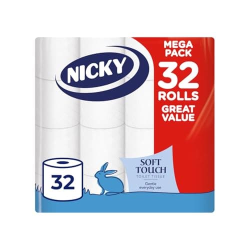 Image of Nicky Soft Touch Toilet Tissue - 32 Rolls of Extra Gentle White Toilet Paper, 190 Sheets per Roll, 2-ply, Soft Tissue, Modern Embossing, Easy Opening, 100% FSC Certified Paper