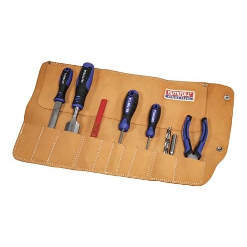 Image of Faithfull Suede Leather Tool Roll – 10 Pocket, Hand Tool Organiser with Press Stud Fastening for Carpenters, Woodworkers, Mechanics & DIY – 48 x 27cm – Tan