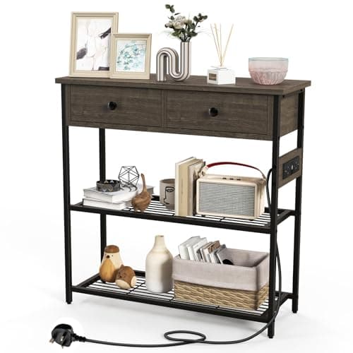Image of COSTWAY Console Table with Charging Station, Industrial Narrow Entryway Table with 2 Drawers & Storage Shelves, Metal Frame Slim Behind Couch Sofa Side Table for Hallway Living Room (Grey Oak)