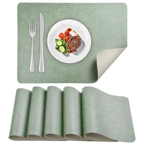 Image of APLKER Placemats Set of 6, Waterproof Washable Table Mats Set of 6, PU Faux Leather Place Mats Heat Resistant Dual Sided Placemat for Dining Table Indoor Outdoor - 16.9 * 11.8 Inch (Sage Green/Beige)