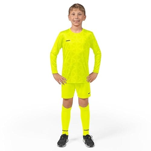 Image of FORZA Kids' Goalkeeper Long Sleeve Kit – Breathable & Sweat-Wicking Football Goalie Set – Includes Shirt, Shorts & Knee-High Socks (Fluro Yellow, Age 11-12)