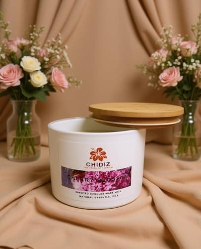 Image of CHIDIZ Cherry Blossom 100% Soy Scented Candle 10.5oz | Large 1 Wick Jar Candle | Up to 45 Hours Burning Time | Relaxing Aromatherapy Aesthetic Candle | Housewarming Gift for Women and Men.