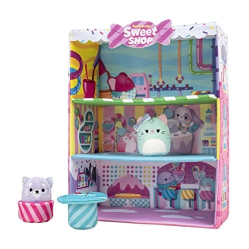 Image of Squishville by Squishmallows SQM0341 Sweet Shop, Playset with 2 Inch Priya The Purple Panda, Tres’zure The Teal Cat and Bistro Table and Chair, Toys for Kids