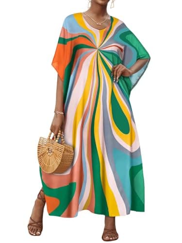 Image of florynova Kaftan Dresses for Women Beach Cover Up Boho Maxi Dress Holiday Swimsuit Loungewear(B-Green Swirl)