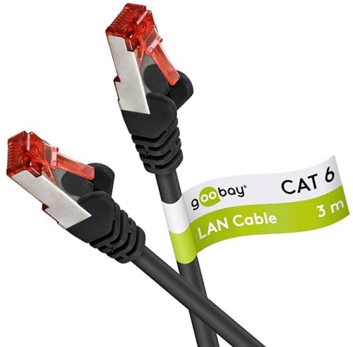Image of goobay 92748 CAT 6 cable Lan network cable for Gigabit Ethernet S-FTP double shielded patch cable with RJ45 plug, 3m, black