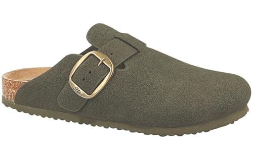Image of ella Shoes Faux Suede Adjustable Metal Buckle Comfort Footbed Mule Sandals (Olive, UK Footwear Size System, Adult, Women, Numeric, Medium, 7)
