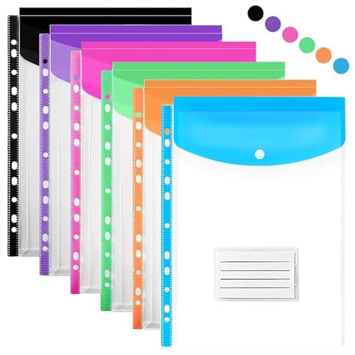 Image of Punched Pockets A4 Plastic Wallets, 11 Holes Expandable Large Capacity Binder Pocket with Snap Button and Label Pocket, Plastic Envelope File Folders for School Home Office (Vertical-6 Packs)