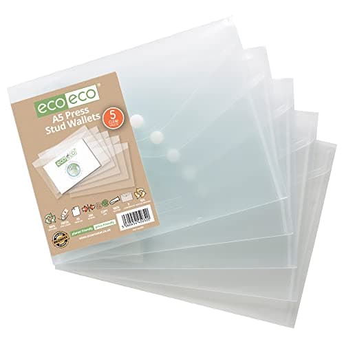 Image of eco-eco A5 50% Recycled Clear Transparent Press Stud Popper Wallet, Plastic Folders (Pack of 5), eco032