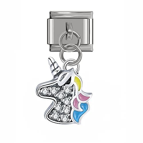 Image of Unicorn Silver Rhinestone Dangle Charm Link fits all classic 9mm Italian Style Charm Bracelet - UK stock