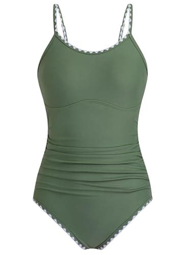 Image of XiaoMoSha Swimming Costume Girls One Piece Bathing Suit with Adjustable Straps Color Contrast Trim for Teens Girls, 12-13 Years, Green