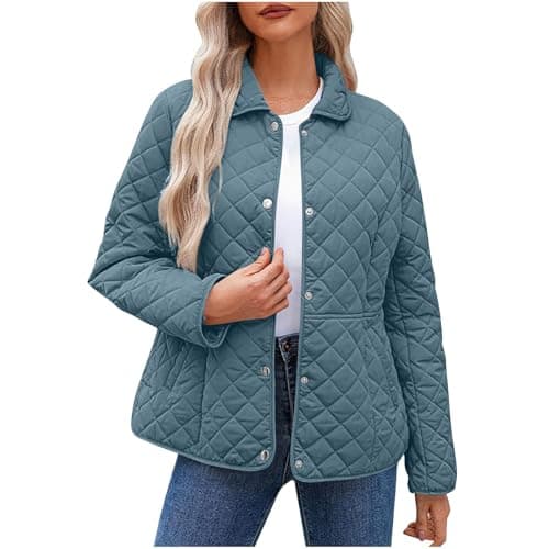 Image of Keepink Coats for Women UK Winter Quilted Jackets Long Sleeve Button Down Diamond Puffer Jacket Solid Casual Bomber Outerwear Lightweight Warm Coat with Pockets Relaxed Fit Trendy Down Coats