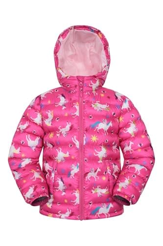 Image of Mountain Warehouse Printed Seasons Kids Padded Jacket - Water Resistant Puffer Coat, Lightweigh, Elasticised Cuffs, Boys & Girls - For Spring Summer Dark Pink (Printed) Kids Size 9-10 Years