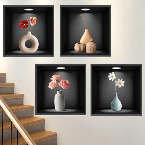 Image of Wall Stickers Living Room, 3D Wall Art for Hallway and Stairs, Peel and Stick Wall Decals Mural Hallway Decor Bedroom Kitchen Wallpaper Backdrop Self-Adhesive Removable, Black Vase and Flowers