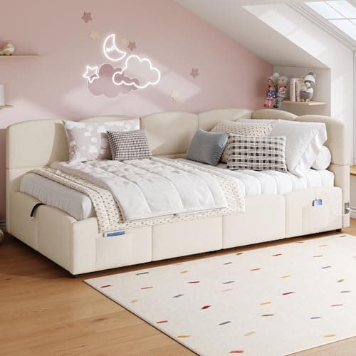 Image of Merax 3FT Upholstered Single Sofa Bed Daybed with Slatted Frame, Hydraulic Storage and USB Charging Port, Boucle Children’s Ottoman Bed, 90 x 190 cm, Beige (Mattress Not Included)