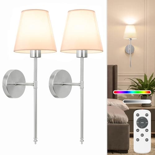 Image of NIORSUN 19.9 inch Battery Operated Wall Sconce Set of 2,Brushed Nickel Rechargeable Wall Lights with 5200mAh Dimmable Detachable Bulbs and Remote,10 Colors Wireless Sconces for Bedroom Living Room