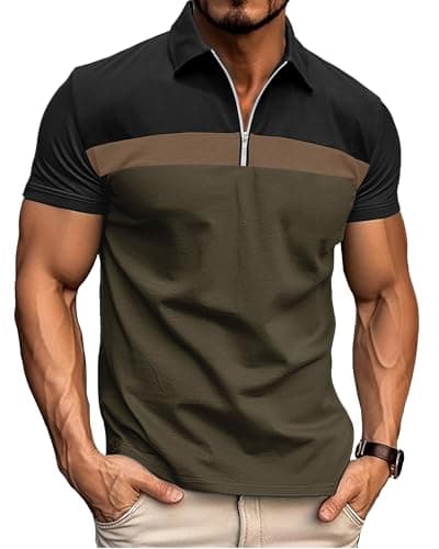 Image of Ryehack Men's 1/4 Zip Polo Shirt Short Sleeve, Raglan & Contrast Design - Casual & Golf T-Shirt, Black+Green, 3XL