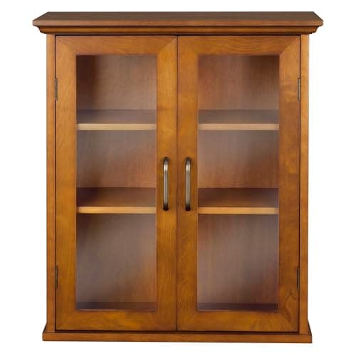 Image of Teamson Home Avery Removable Two-Door Wall Cabinet, Oiled Oak Veneer with Tempered Glass Doors, Antique Brass Handles, 2 Adjustable Shelves for Bathroom or Kitchen Storage